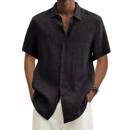 Men's short-sleeved button-down shirt with turn-down collar made of textured fabric