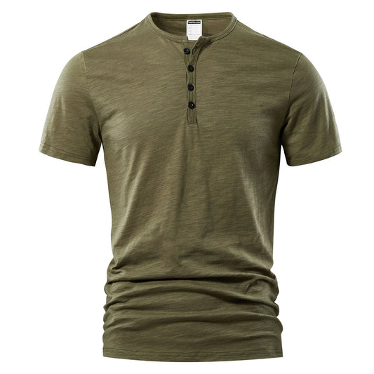 Men's short-sleeved shirt with button placket and round neck