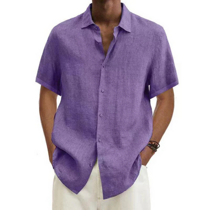 Men's short-sleeved button-down shirt with turn-down collar made of textured fabric