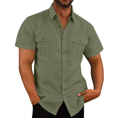 Short-sleeved men's shirt with button placket and chest pockets