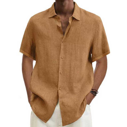 Men's short-sleeved button-down shirt with turn-down collar made of textured fabric