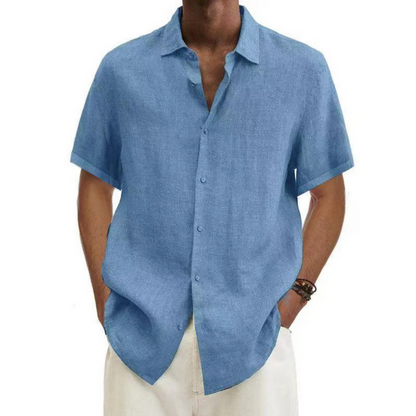 Men's short-sleeved button-down shirt with turn-down collar made of textured fabric