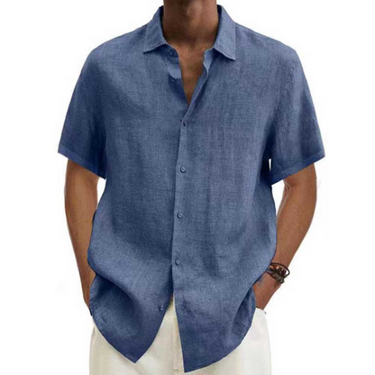 Men's short-sleeved button-down shirt with turn-down collar made of textured fabric