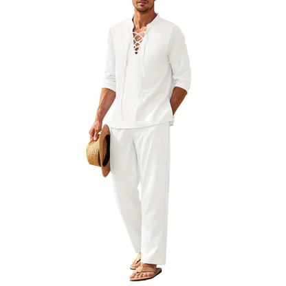 Men’s Two-Piece Set with Lace-Up Shirt and Straight-Leg Trousers