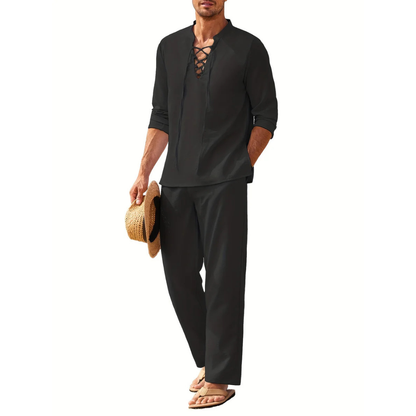 Men’s Two-Piece Set with Lace-Up Shirt and Straight-Leg Trousers
