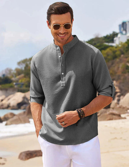 Lightweight men's shirt with stand-up collar and half button placket