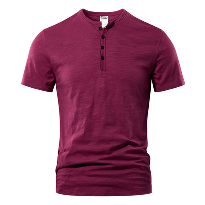 Men's short-sleeved shirt with button placket and round neck