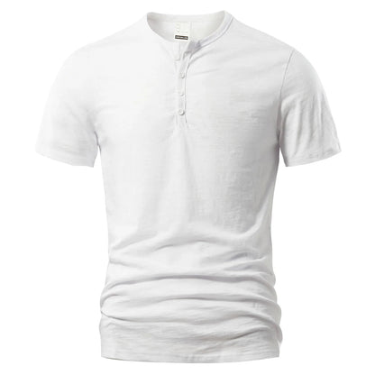 Men's short-sleeved shirt with button placket and round neck