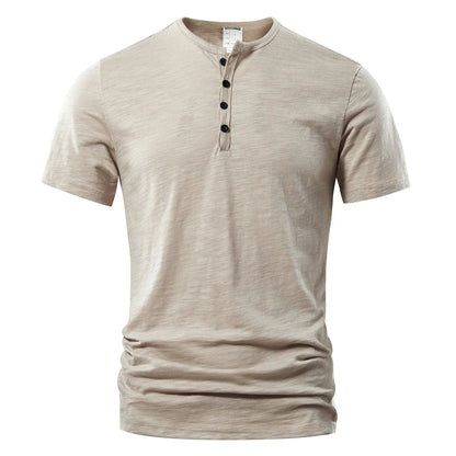 Men's short-sleeved shirt with button placket and round neck