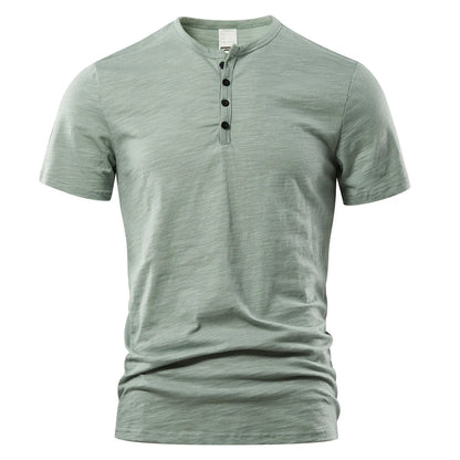 Men's short-sleeved shirt with button placket and round neck