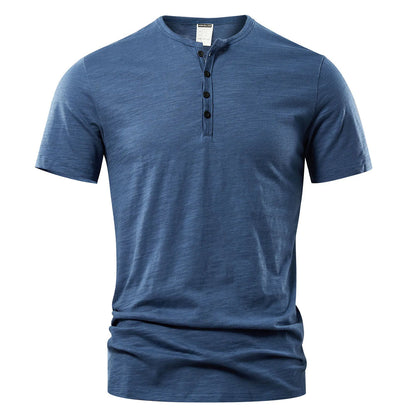 Men's short-sleeved shirt with button placket and round neck