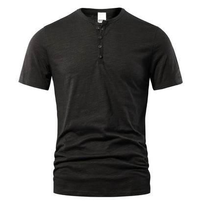 Men's short-sleeved shirt with button placket and round neck