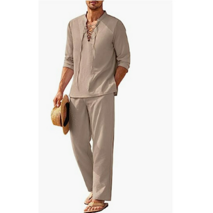 Men’s Two-Piece Set with Lace-Up Shirt and Straight-Leg Trousers